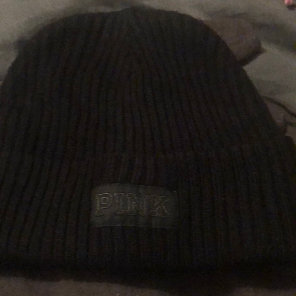 PINK Black Ribbed Beanie
